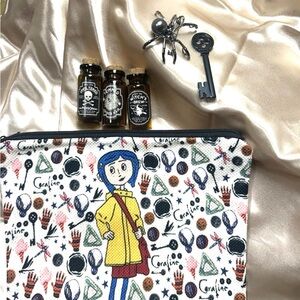 Coraline Themed Zipper Pouch with Character Art - White, Yellow, Blue